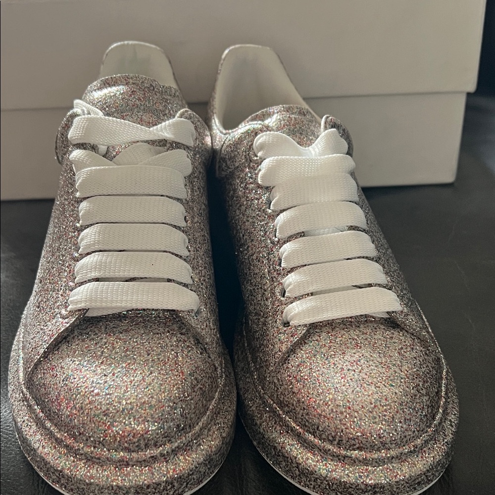 Alexander McQueen Silver Glitter Sneakers with White Laces